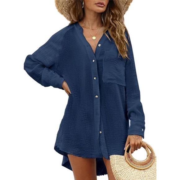 Bathing Suit Cover Up Beach Cover Ups Button Down Shirts For Women - Picture 5 of 7